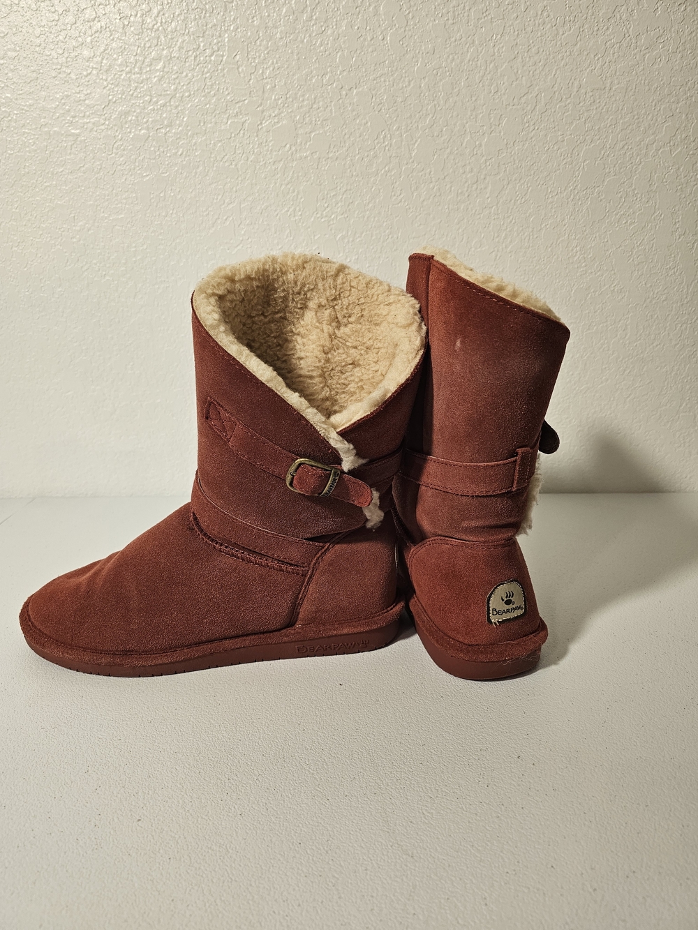 BEARPAW Abby Brown Suede Shearling Lined Buckle Mid-Calf Round Toe US 10